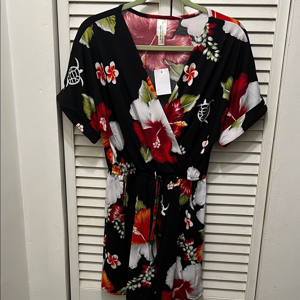 Floral Black Romper with Red and White Hibiscus